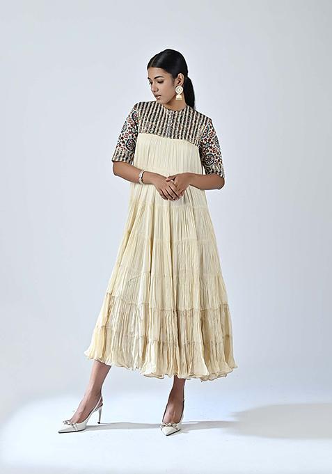 Beige Cutdana Embroidered German Satin Dress