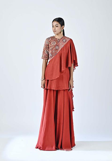 Red Cutdana Embroidered German Satin Dress