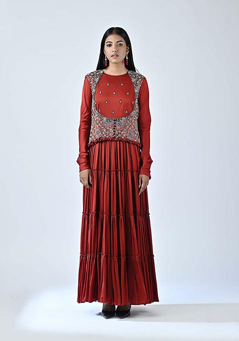 Red Cutdana Embroideredcrepe Silk Dress