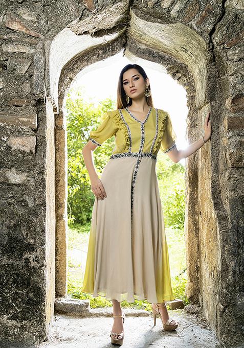 Beige And Green Embroidered Chanderi Crepe Dress