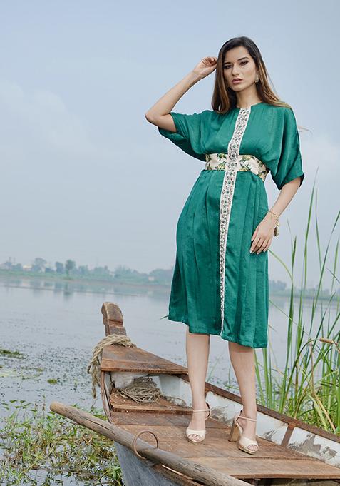 Dark Green Embroidered Chanderi Crepe Dress