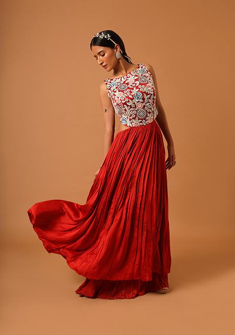 Scarlet Red Cut Pipe Work Gajji Silk Dress