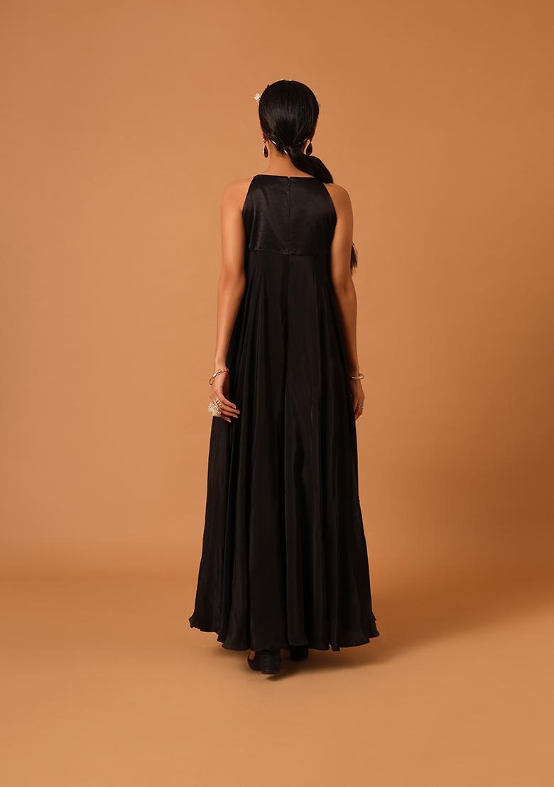 Black Cut Pipe Work Gajji Silk Dress
