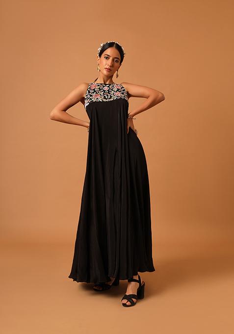 Black Cut Pipe Work Gajji Silk Dress