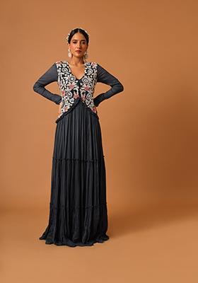 Navy Blue Cutdana Embroidered Crepe Dress