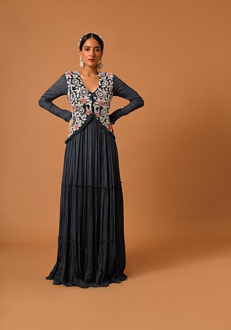 Navy Blue Cutdana Embroidered Crepe Dress