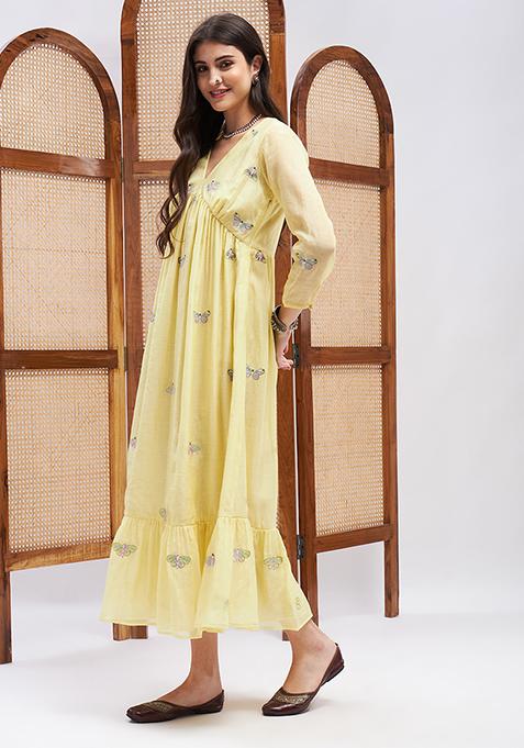 Yellow Resham Embroidered Silk Chanderi Gown