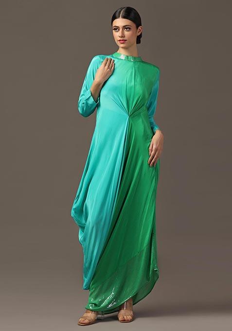 Green Sequin Embroidered Satin Draped Dress