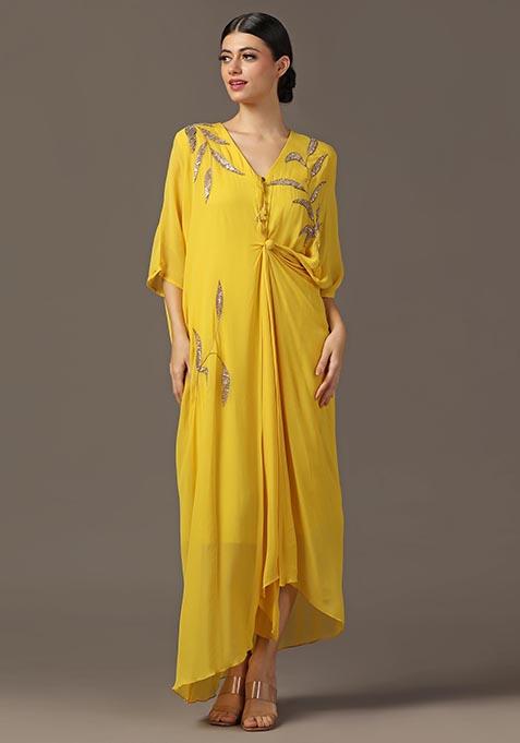 Mustard Yellow Cutdana Sequin Embroidered Silk Draped Dress