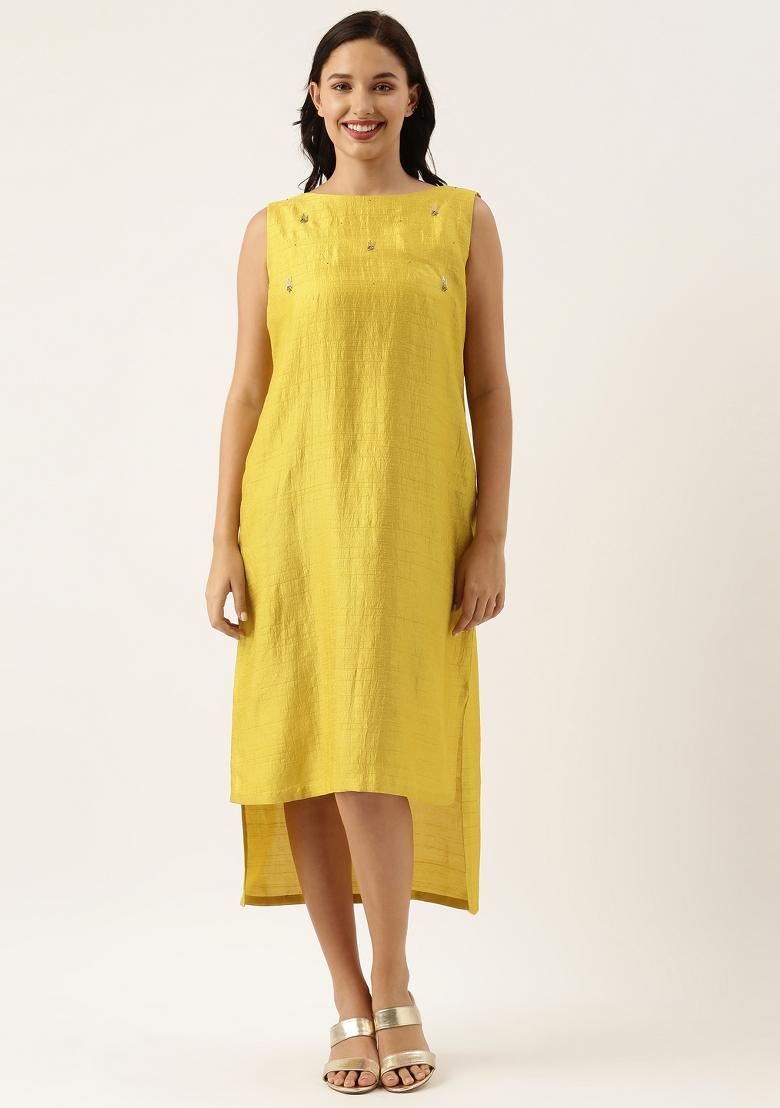 Yellow Solid Silk Dress