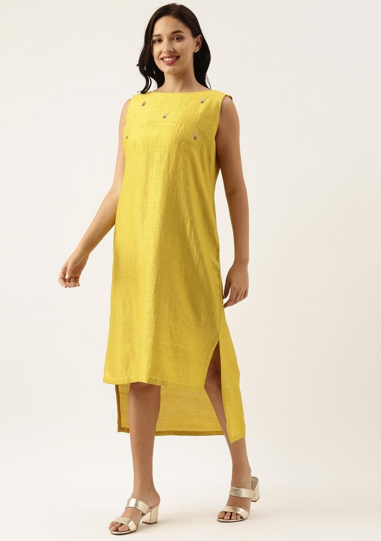 Yellow Solid Silk Dress