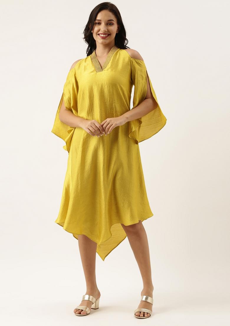 Yellow Solid Silk Dress