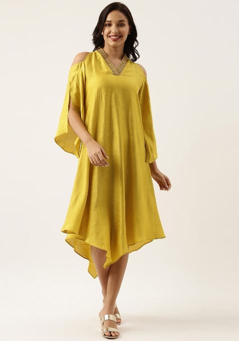 Yellow Solid Silk Dress