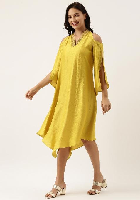 Yellow Solid Silk Dress