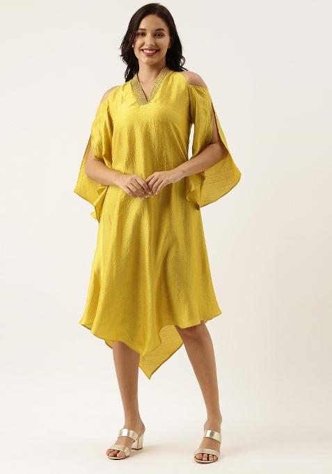 Yellow Solid Silk Dress