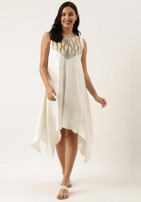 Ivory Embroidered Slub Silk Dress