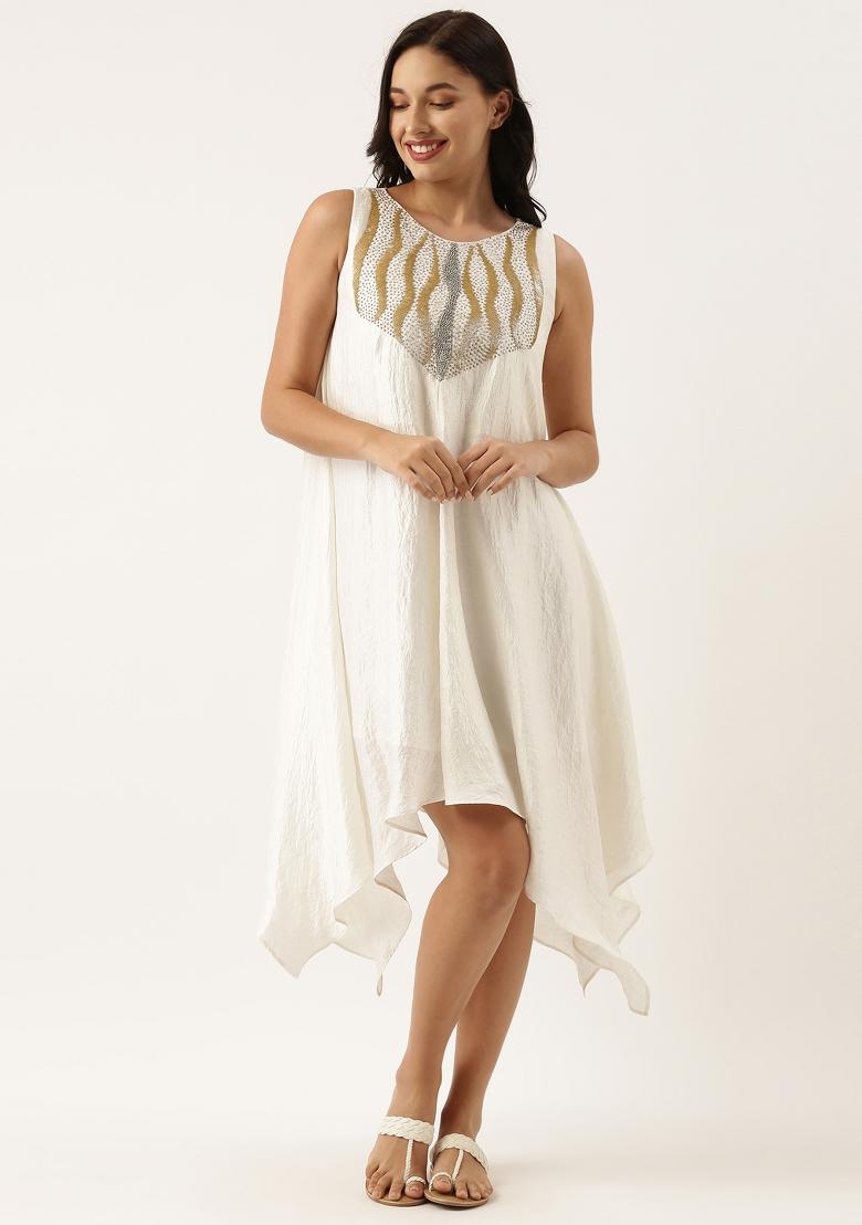 Ivory Embroidered Slub Silk Dress - Indya