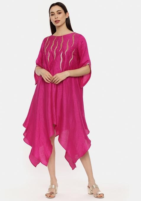 Pink Embroidered Silk Dress — view on Indya