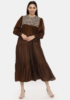Brown Embroidered Silk Dress