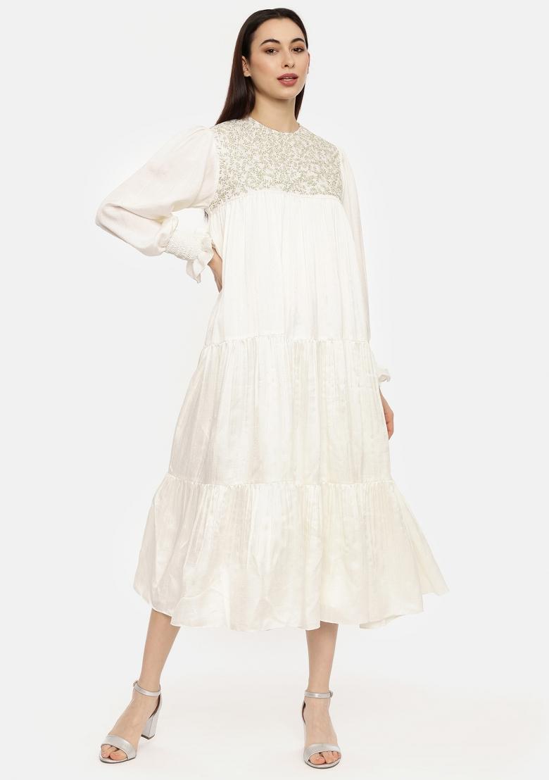 Ivory Embroidered Silk Dress - Indya