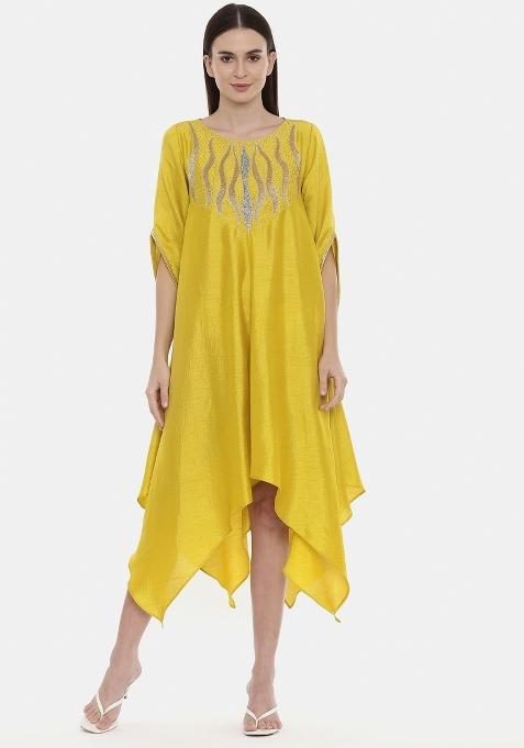 Yellow Embroidered Silk Dress — view on Indya