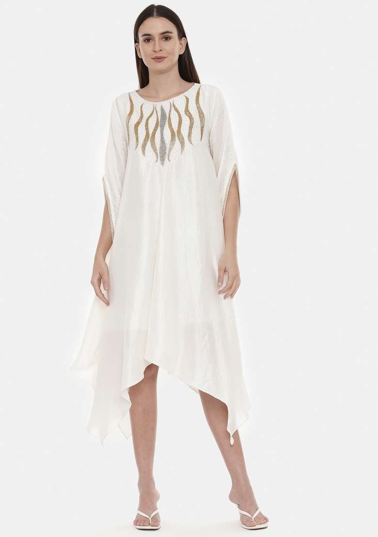 Ivory Embroidered Silk Blend Dress - Indya