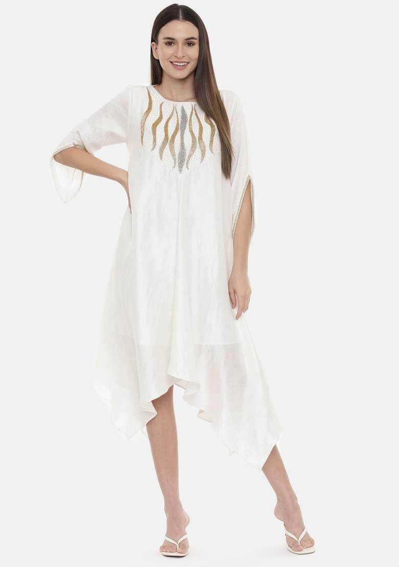 Ivory Embroidered Silk Blend Dress - Indya