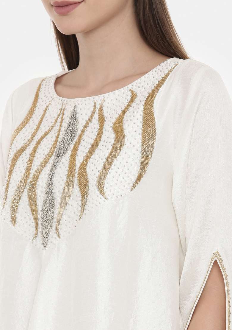 Ivory Embroidered Silk Blend Dress - Indya