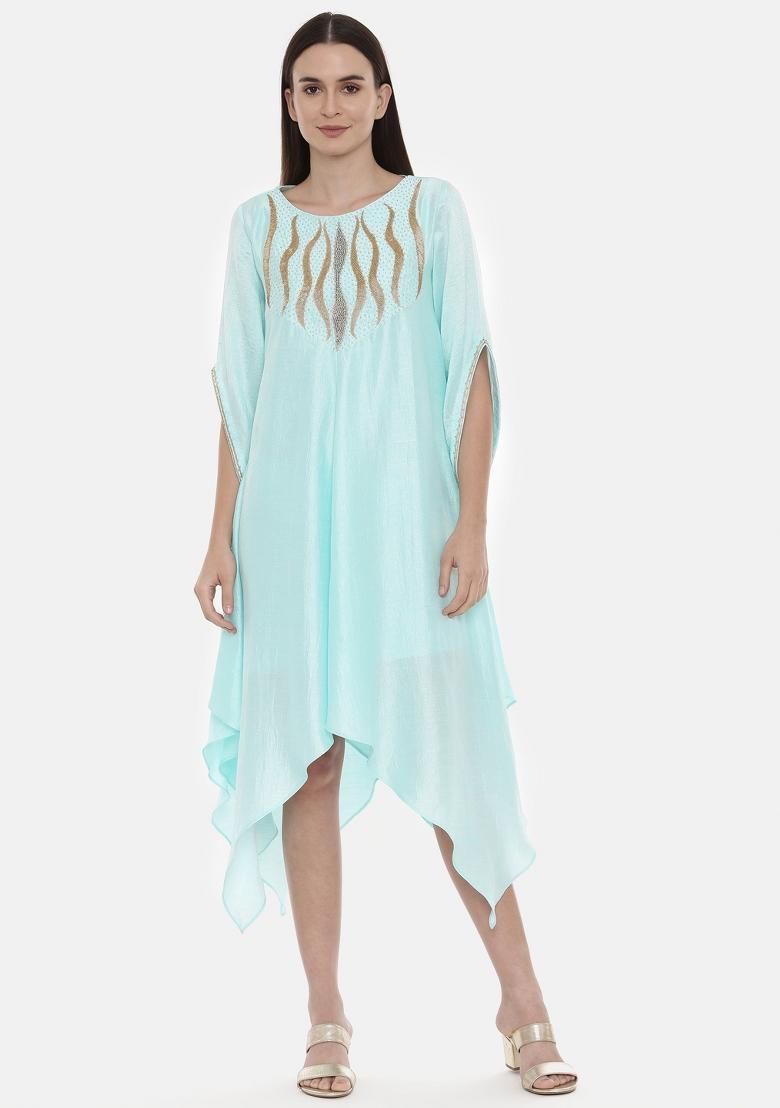 Aqua Blue Embroidered Silk Dress