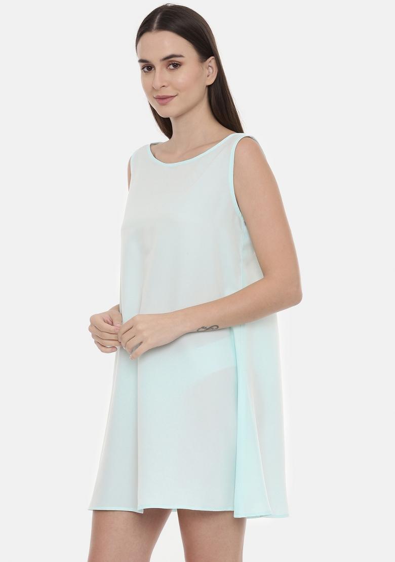 Aqua Blue Embroidered Silk Dress - Indya