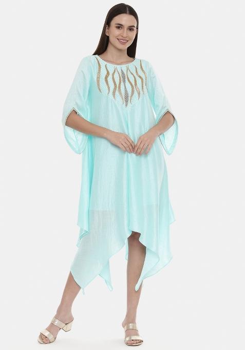 Aqua Blue Embroidered Silk Dress