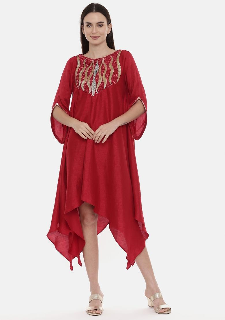 Red Embroidered Silk Dress