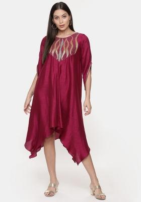 Wine Embroidered Cotton Dress