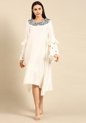 Ivory Embroidered Slub Silk Dress