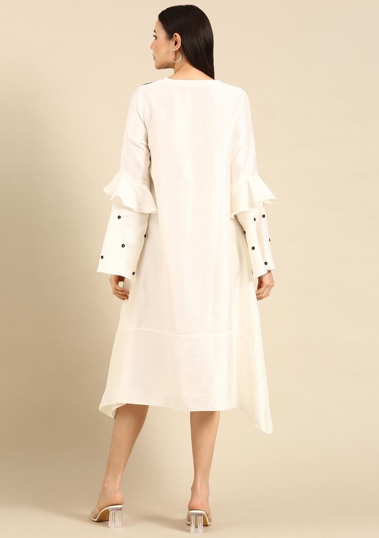 Ivory Embroidered Slub Silk Dress - Indya