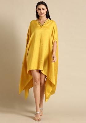 Yellow Solid Slub Silk Dress