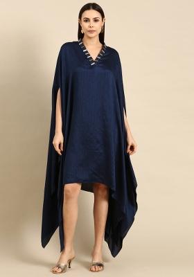 Blue Solid Slub Silk Dress