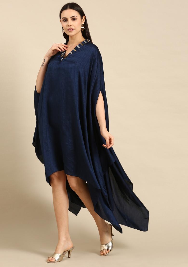 Blue Solid Slub Silk Dress - Indya