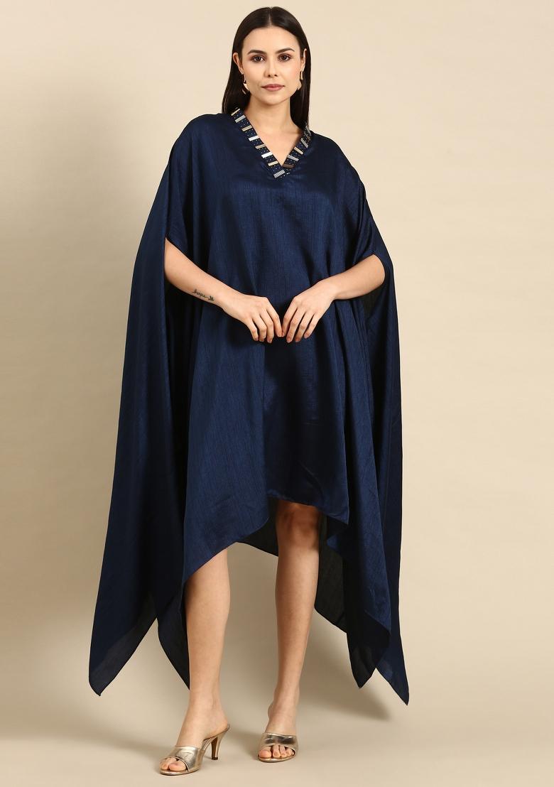 Blue Solid Slub Silk Dress - Indya