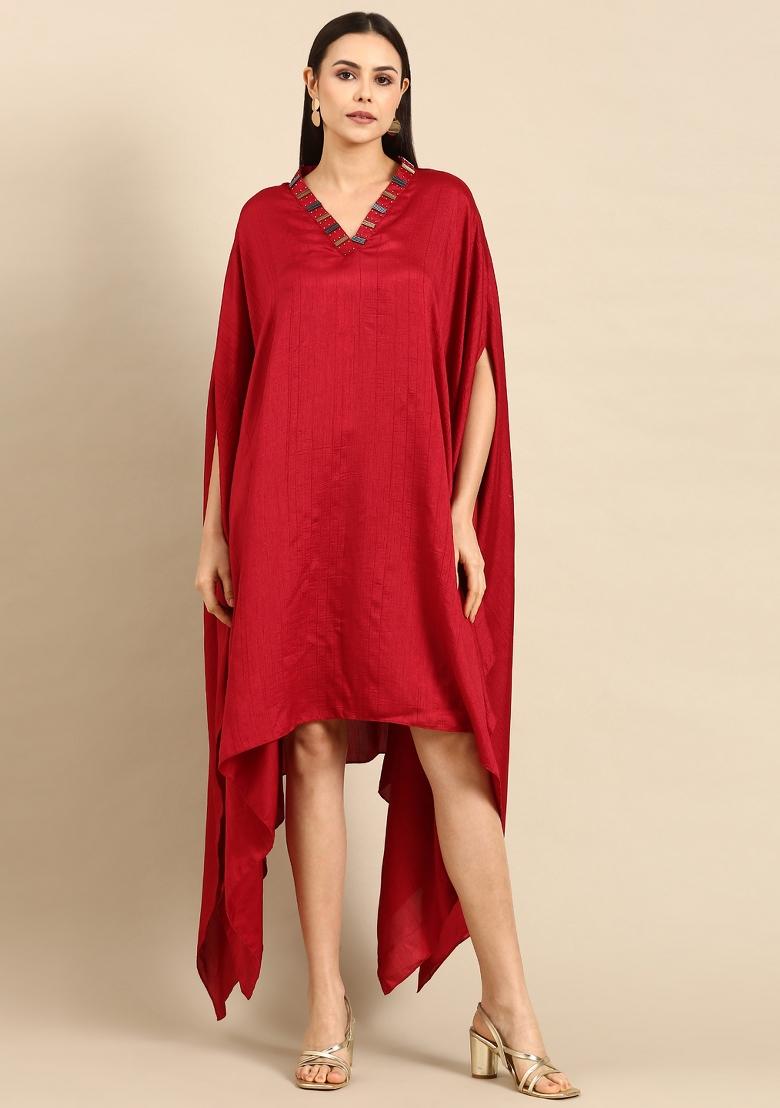 Red Solid Slub Silk Dress