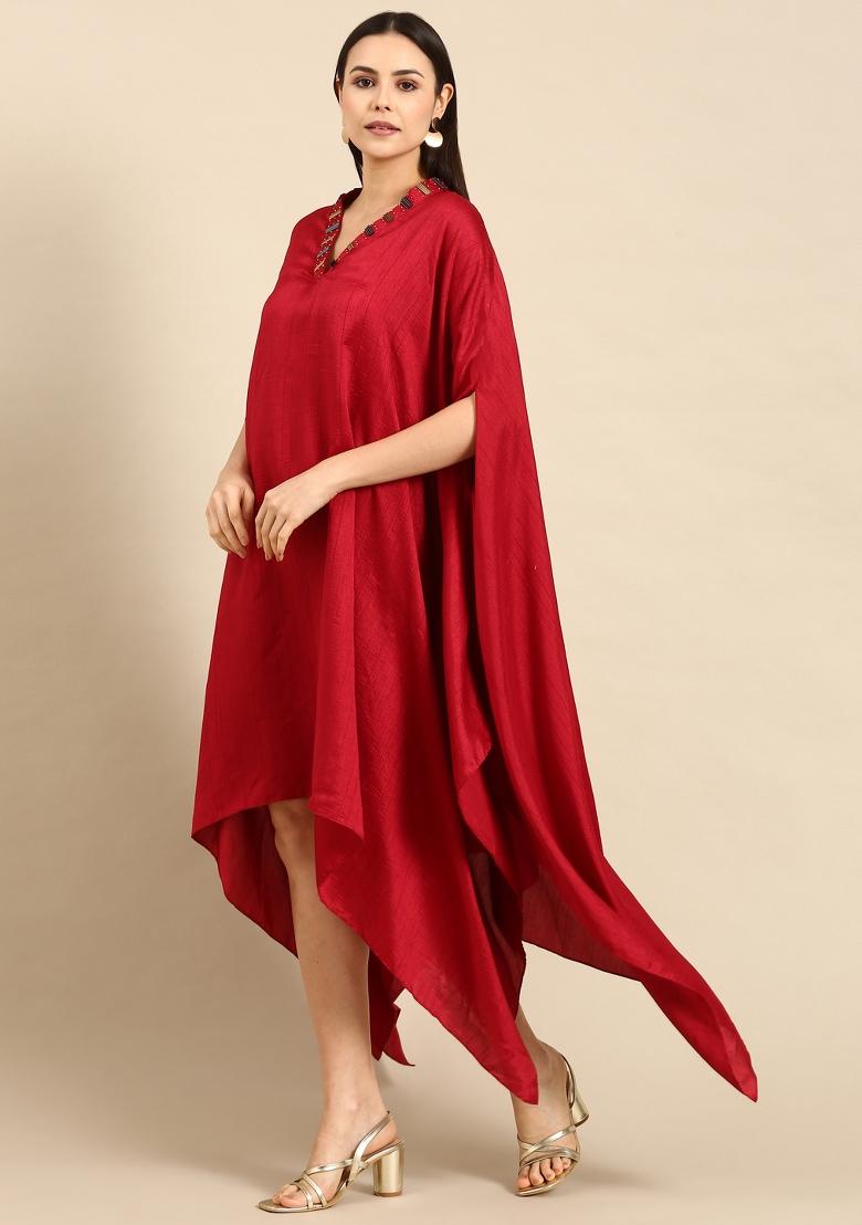 Red Solid Slub Silk Dress