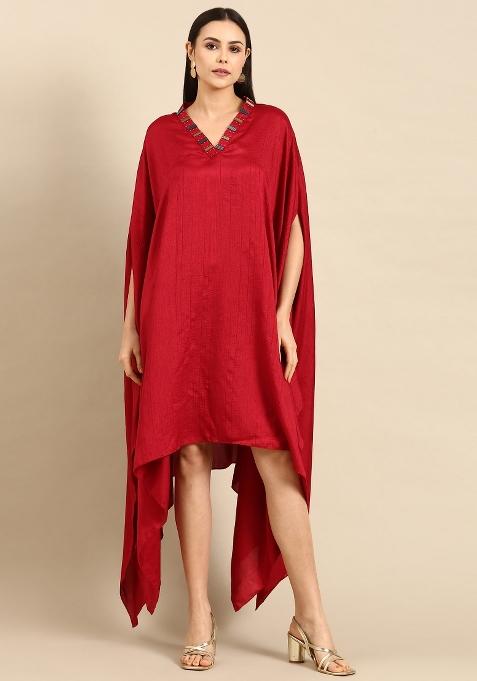 Red Solid Slub Silk Dress