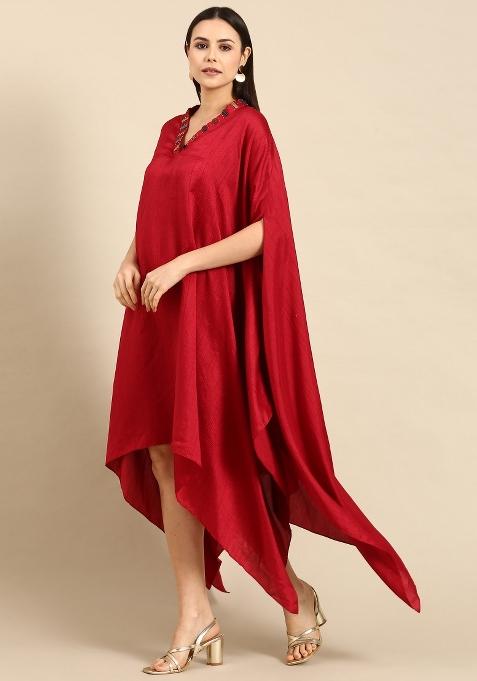 Red Solid Slub Silk Dress