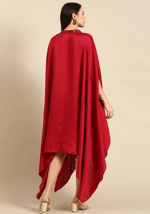 Red Solid Slub Silk Dress