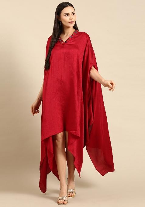 Red Solid Slub Silk Dress