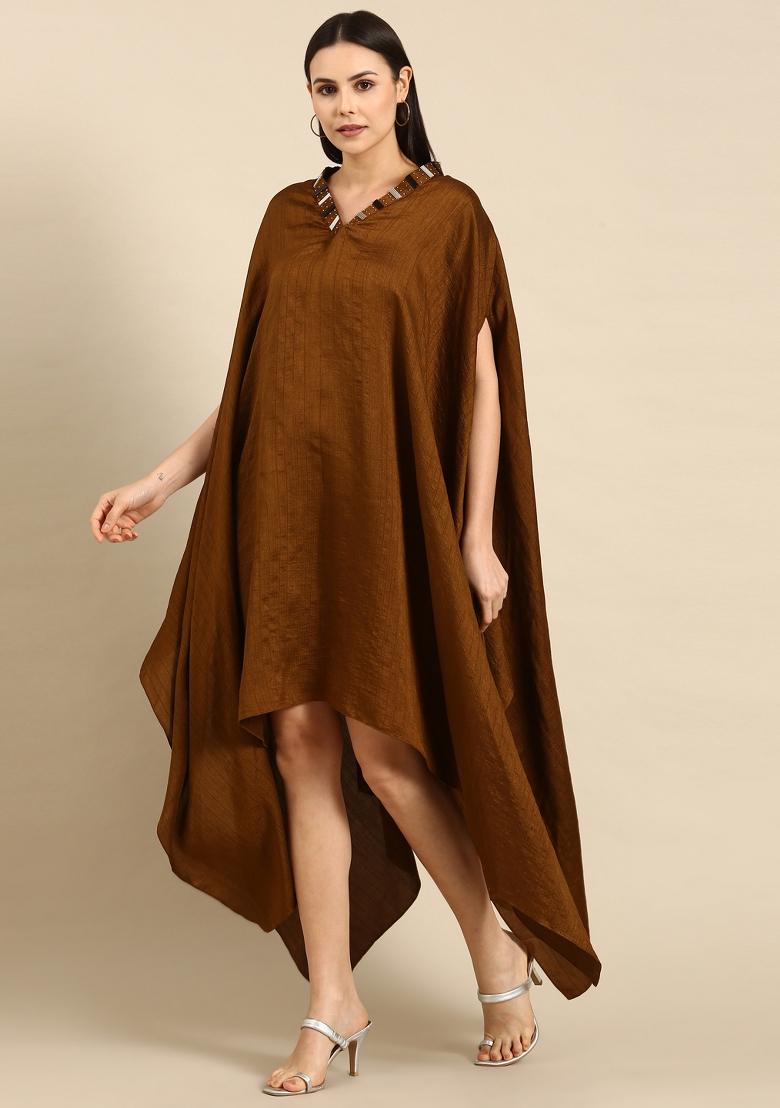 Brown Solid Slub Silk Dress - Indya