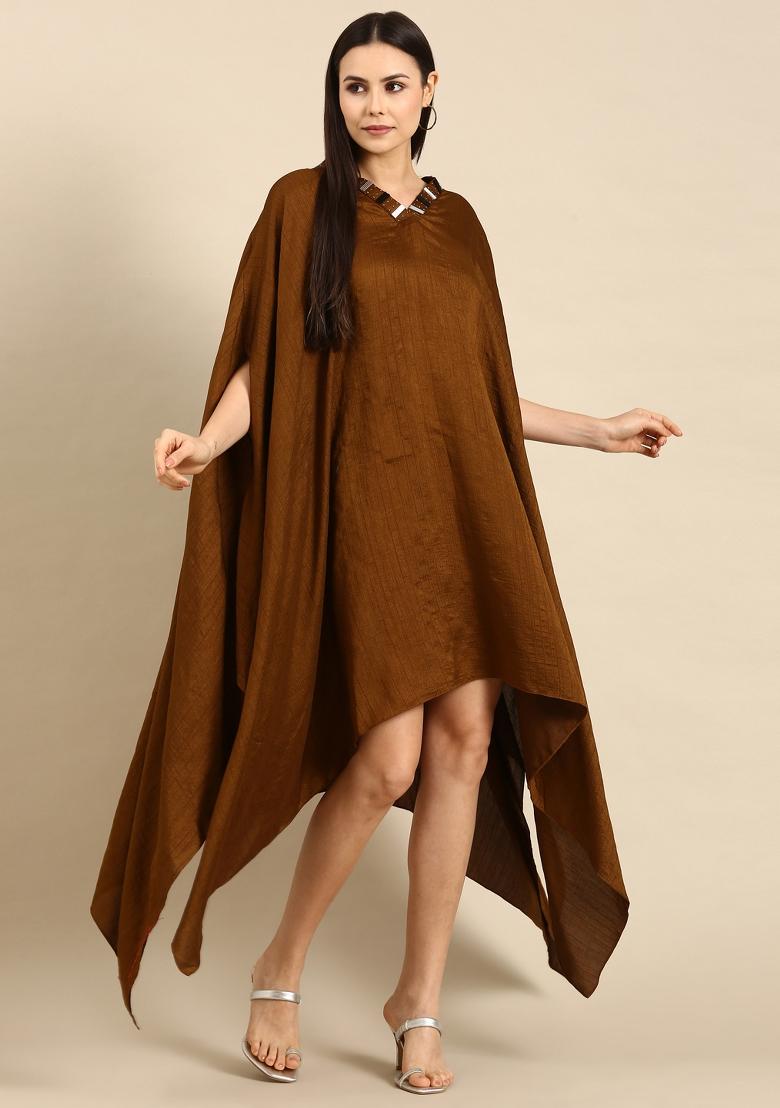 Brown Solid Slub Silk Dress - Indya