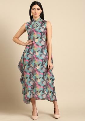 Blue Grey Printed Muslin Dress