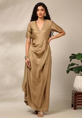 Beige Solid Silk Dress