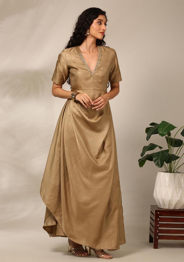 Beige Solid Silk Dress - Indya